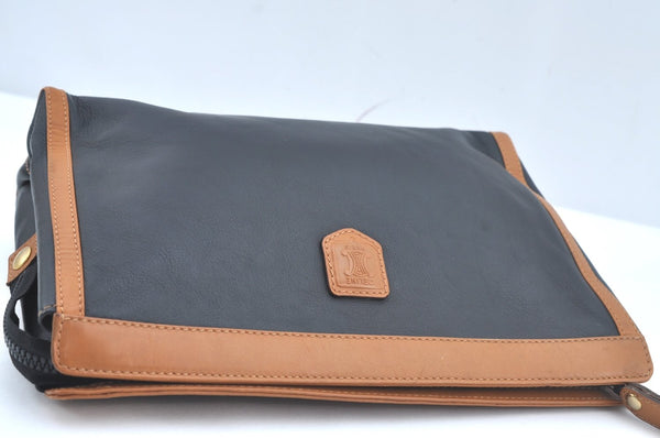 Authentic CELINE Clutch Hand Bag Purse Leather Black Brown L0506