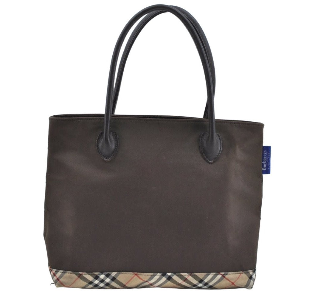 Authentic BURBERRY BLUE LABEL Check Shoulder Tote Bag Nylon Leather Brown L0524