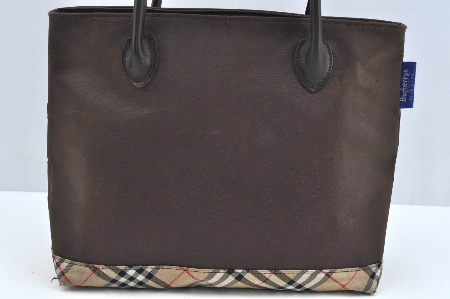 Authentic BURBERRY BLUE LABEL Check Shoulder Tote Bag Nylon Leather Brown L0524