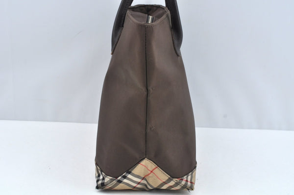 Authentic BURBERRY BLUE LABEL Check Shoulder Tote Bag Nylon Leather Brown L0524