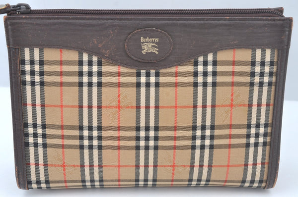 Authentic Burberrys Vintage Nova Check Clutch Bag Canvas Beige L0526