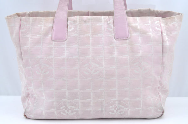 Authentic CHANEL New Travel Line Shoulder Tote Bag Nylon Leather Pink L0536