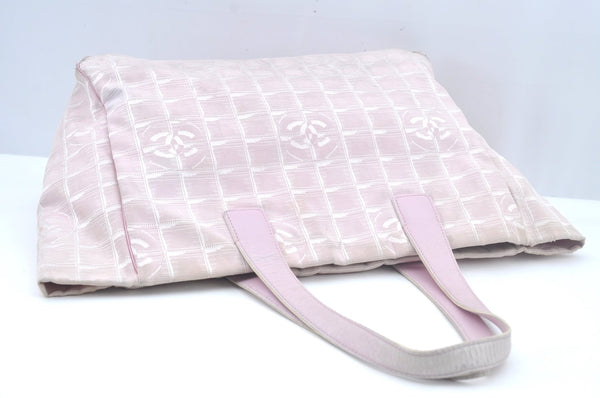 Authentic CHANEL New Travel Line Shoulder Tote Bag Nylon Leather Pink L0536