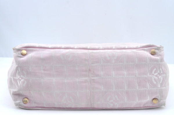 Authentic CHANEL New Travel Line Shoulder Tote Bag Nylon Leather Pink L0536