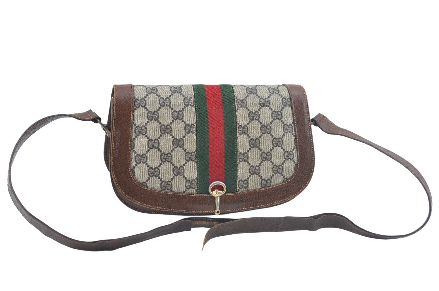 Authentic GUCCI Web Sherry Line Shoulder Cross Bag GG PVC Leather Brown L0537