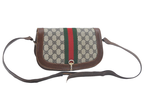 Authentic GUCCI Web Sherry Line Shoulder Cross Bag GG PVC Leather Brown L0537