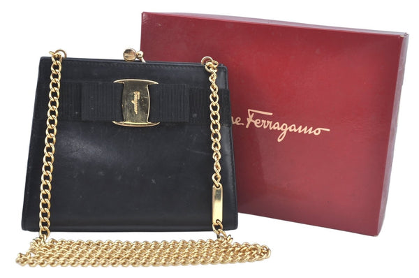 Auth Salvatore Ferragamo Vara Chain Shoulder CrossBag Leather Black SF Box L0539