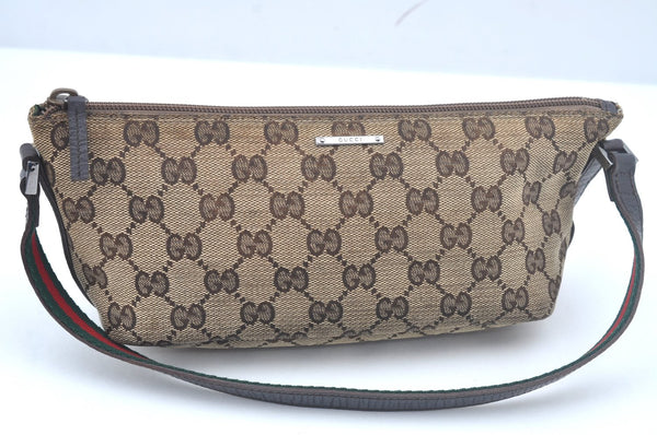 Authentic GUCCI Web Sherry Line Hand Bag Pouch GG Canvas Leather Brown L0550