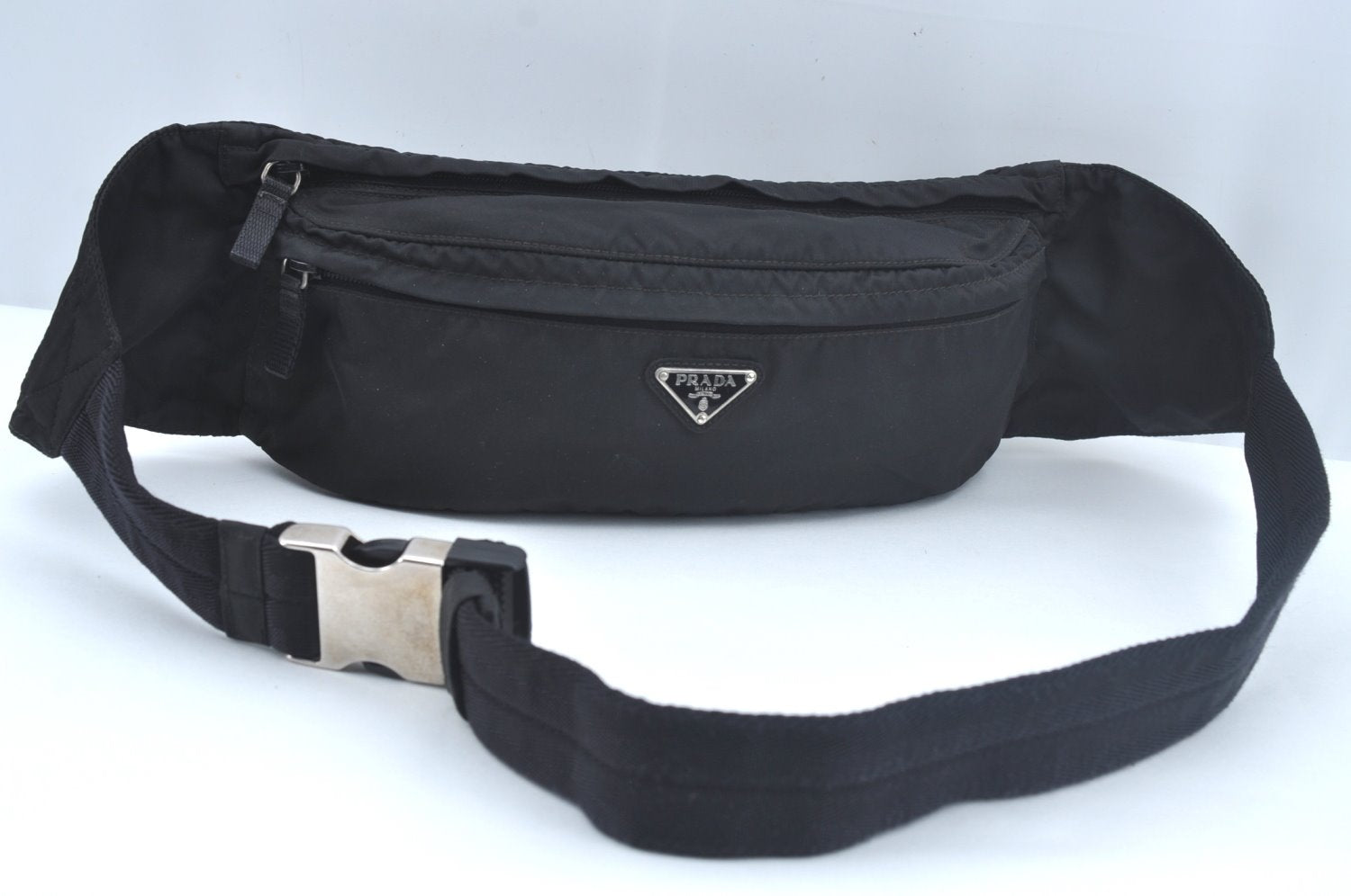 Authentic PRADA Nylon Tessuto Waist Body Bag Purse Black L0551