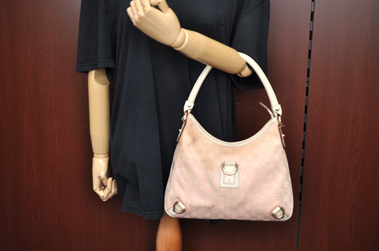 Authentic GUCCI Abbey Shoulder Hand Bag Purse GG Canvas Leather Pink L0553