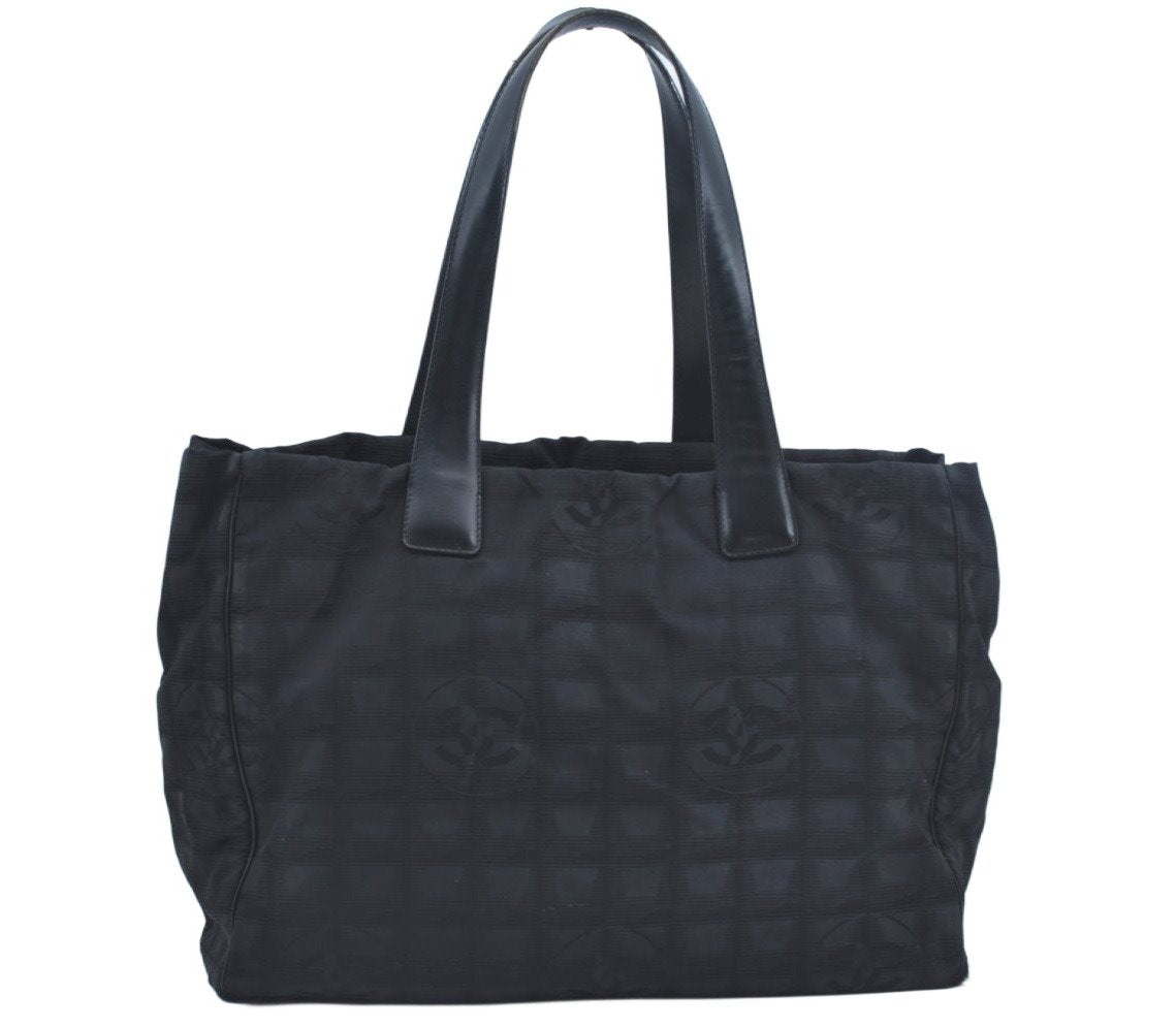 Authentic CHANEL New Travel Line Shoulder Tote Bag Nylon Leather Black L0554