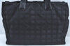 Authentic CHANEL New Travel Line Shoulder Tote Bag Nylon Leather Black L0554