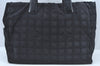 Authentic CHANEL New Travel Line Shoulder Tote Bag Nylon Leather Black L0554
