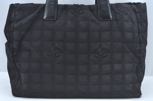 Authentic CHANEL New Travel Line Shoulder Tote Bag Nylon Leather Black L0554