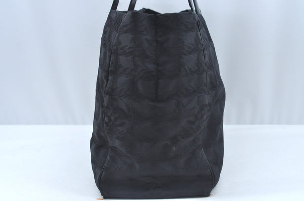 Authentic CHANEL New Travel Line Shoulder Tote Bag Nylon Leather Black L0554