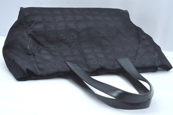 Authentic CHANEL New Travel Line Shoulder Tote Bag Nylon Leather Black L0554
