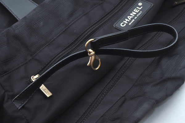 Authentic CHANEL New Travel Line Shoulder Tote Bag Nylon Leather Black L0554