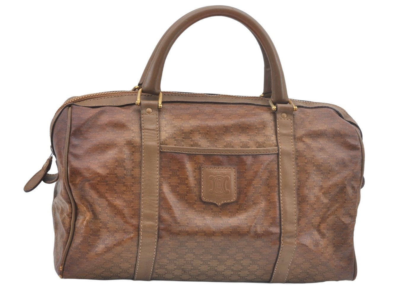 Authentic CELINE Macadam Blason Pattern Hand Bag PVC Leather Brown L0561