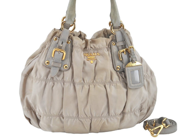 Authentic PRADA Nylon Tessuto Leather 2Way Shoulder Hand Bag Purse Beige L0586