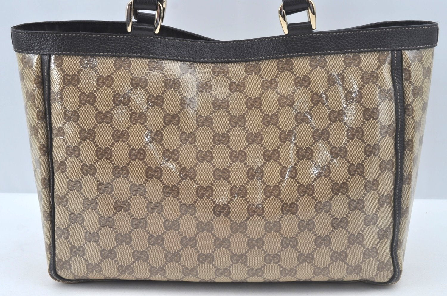 Authentic GUCCI GG Crystal Shoulder Tote Bag PVC Leather Brown L0590