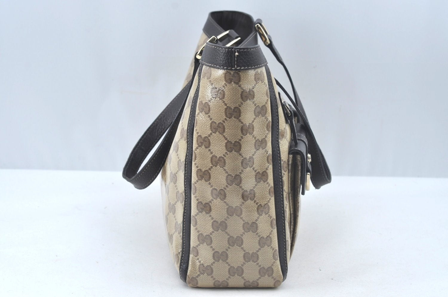 Authentic GUCCI GG Crystal Shoulder Tote Bag PVC Leather Brown L0590