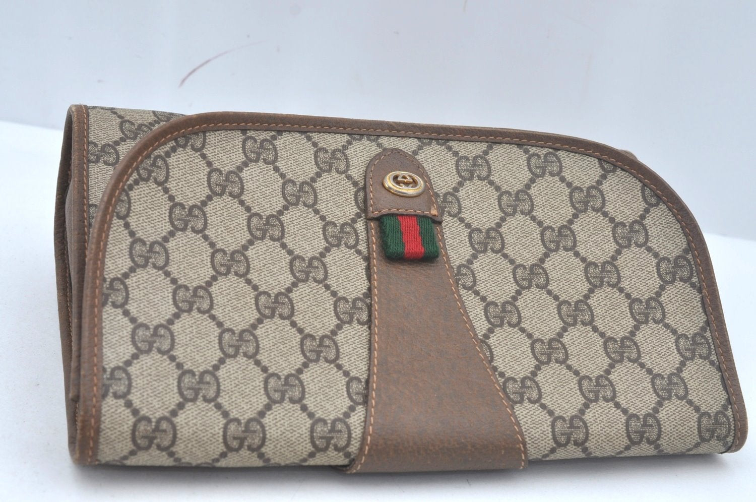 Authentic GUCCI Web Sherry Line GG Clutch Bag PVC Leather Brown Junk L0591