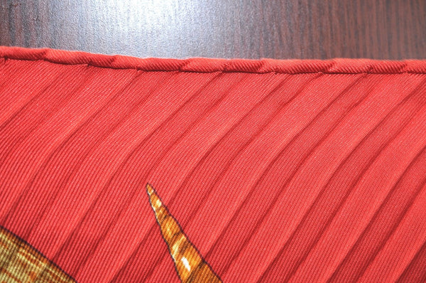 Authentic HERMES Pleats Scarf Shell Motif Silk Red Box L0596