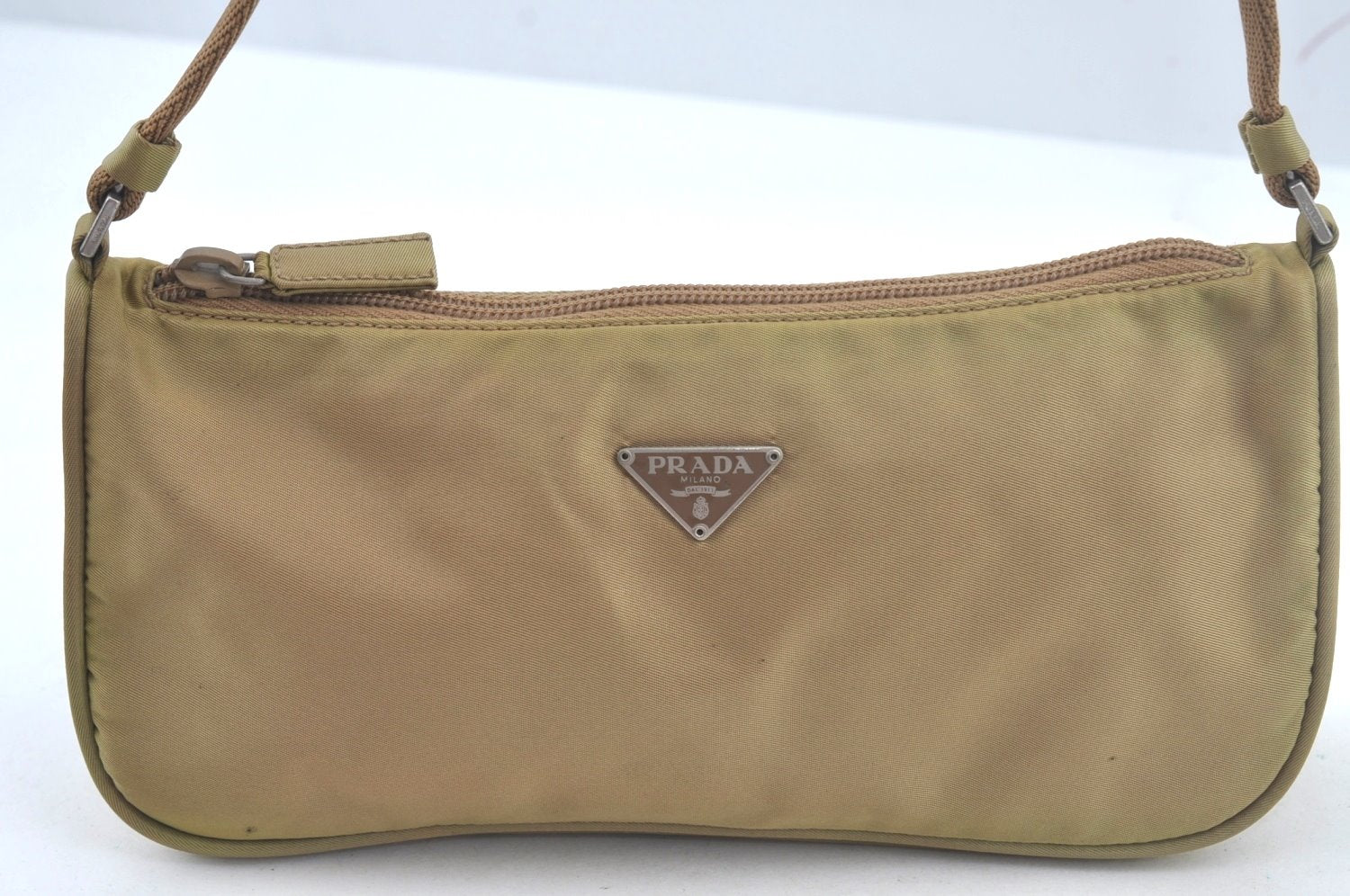 Authentic PRADA Nylon Tessuto Hand Bag Pouch Purse Beige L0616