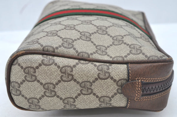 Authentic GUCCI Web Sherry Line Clutch Hand Bag Purse GG PVC Leather Brown L0620