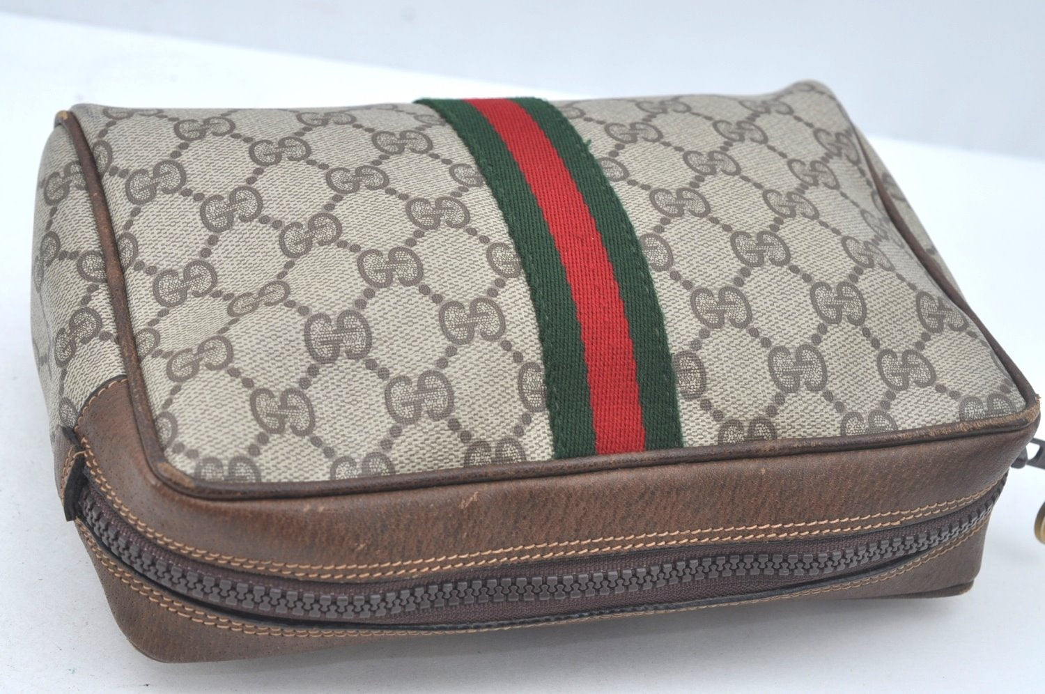 Authentic GUCCI Web Sherry Line Clutch Hand Bag Purse GG PVC Leather Brown L0620