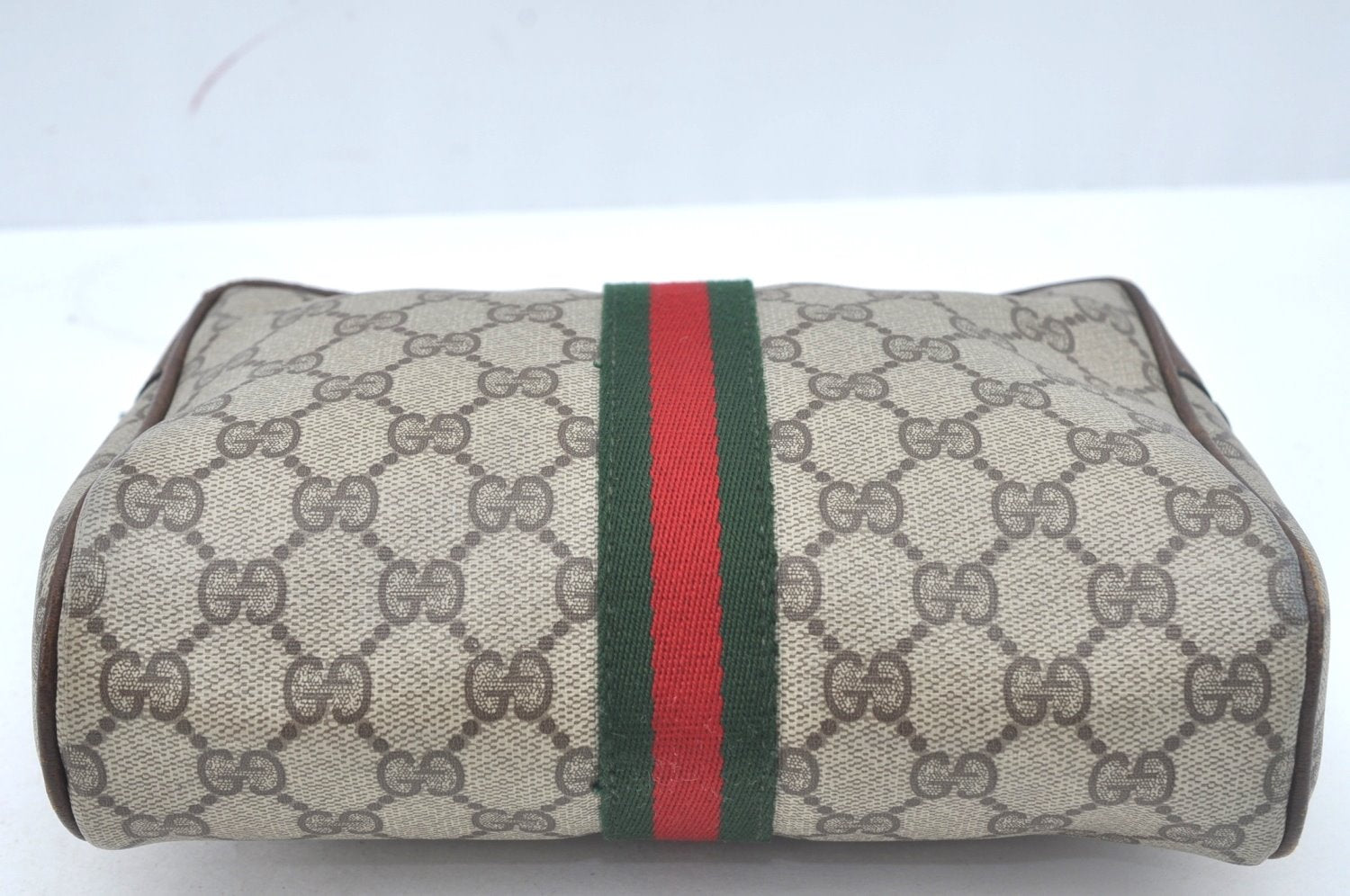 Authentic GUCCI Web Sherry Line Clutch Hand Bag Purse GG PVC Leather Brown L0620