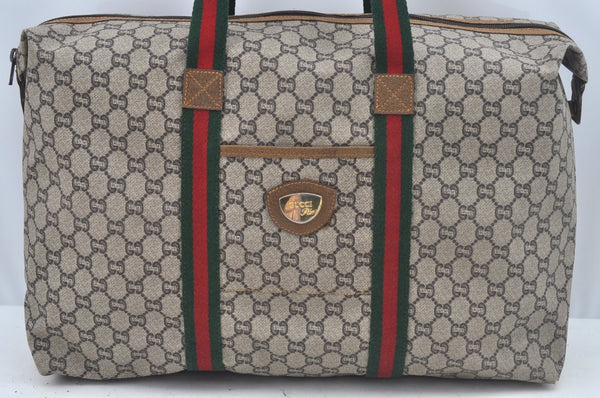 Authentic GUCCI Web Sherry Line Travel Boston Bag GG Plus PVC Brown L0625