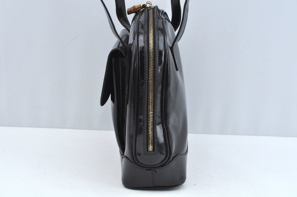 Authentic GUCCI Bamboo Shoulder Bag Enamel Leather Black  L0626