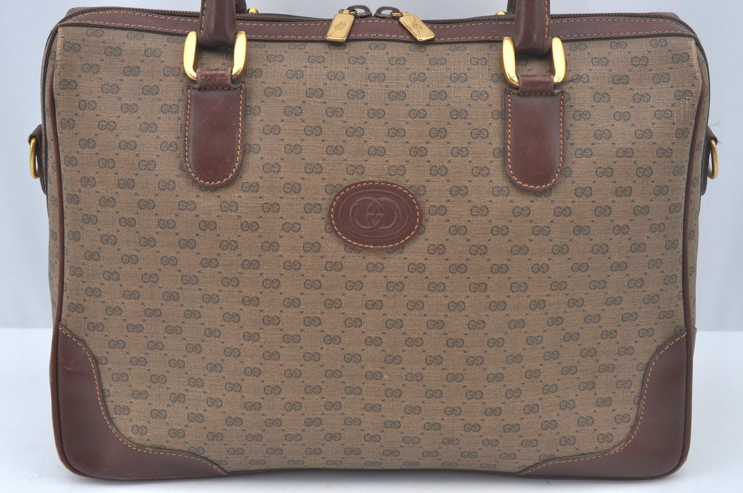 Authentic GUCCI Micro GG PVC Leather Hand Boston Bag Brown Junk L0633