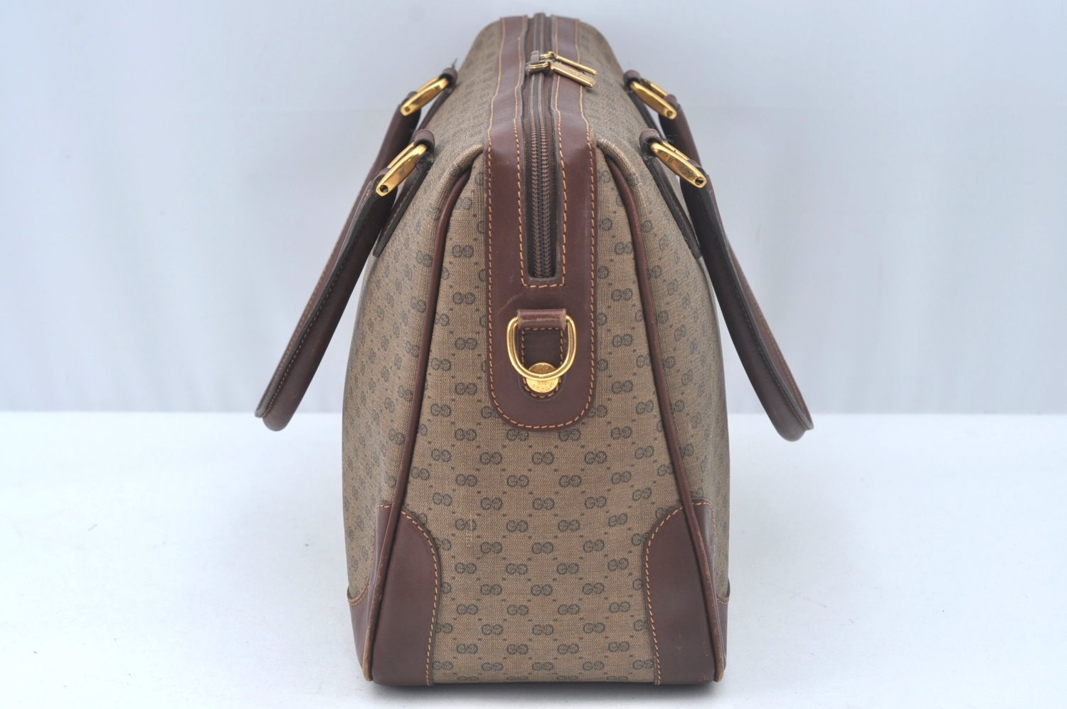 Authentic GUCCI Micro GG PVC Leather Hand Boston Bag Brown Junk L0633