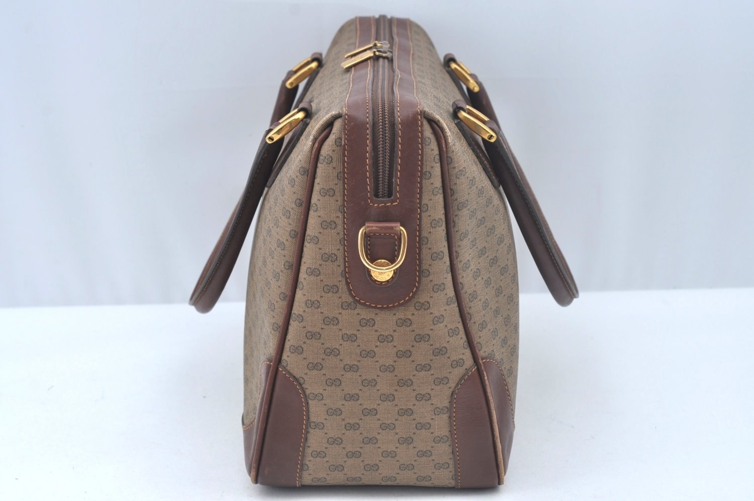 Authentic GUCCI Micro GG PVC Leather Hand Boston Bag Brown Junk L0633