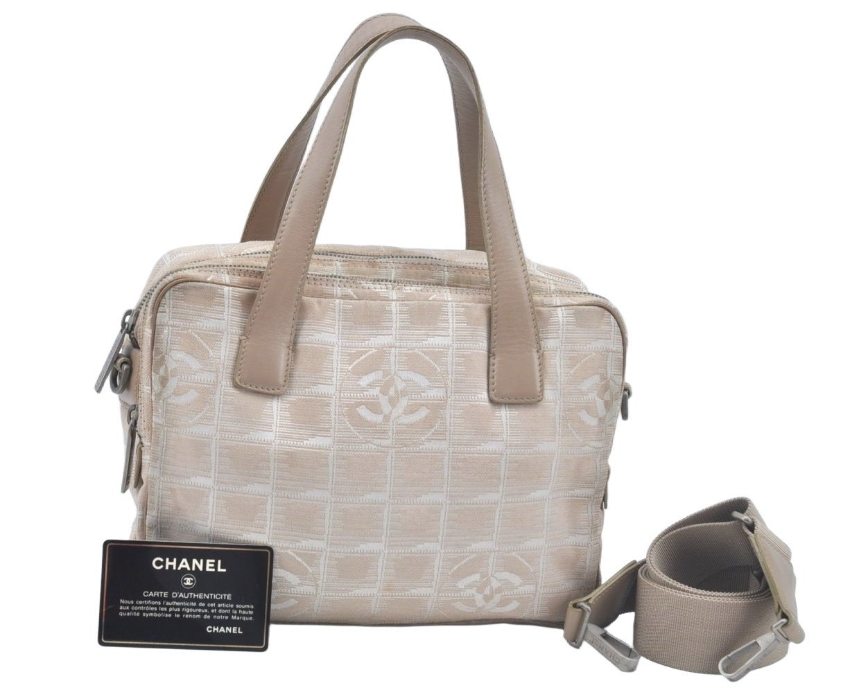 Auth CHANEL New Travel Line 2Way Shoulder Hand Bag Nylon Leather Beige L0644