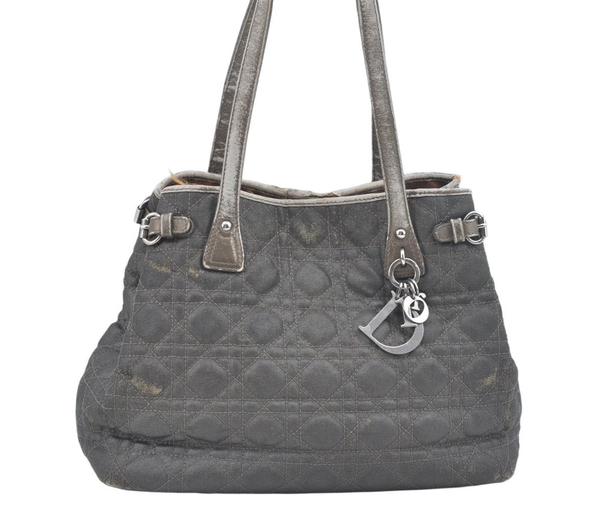 Authentic Christian Dior Cannage PVC Shoulder Tote Bag Gray Leather CD L0645
