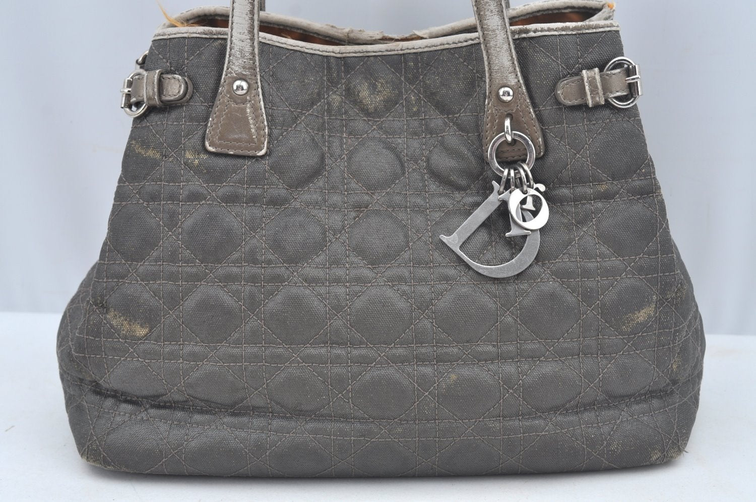 Authentic Christian Dior Cannage PVC Shoulder Tote Bag Gray Leather CD L0645