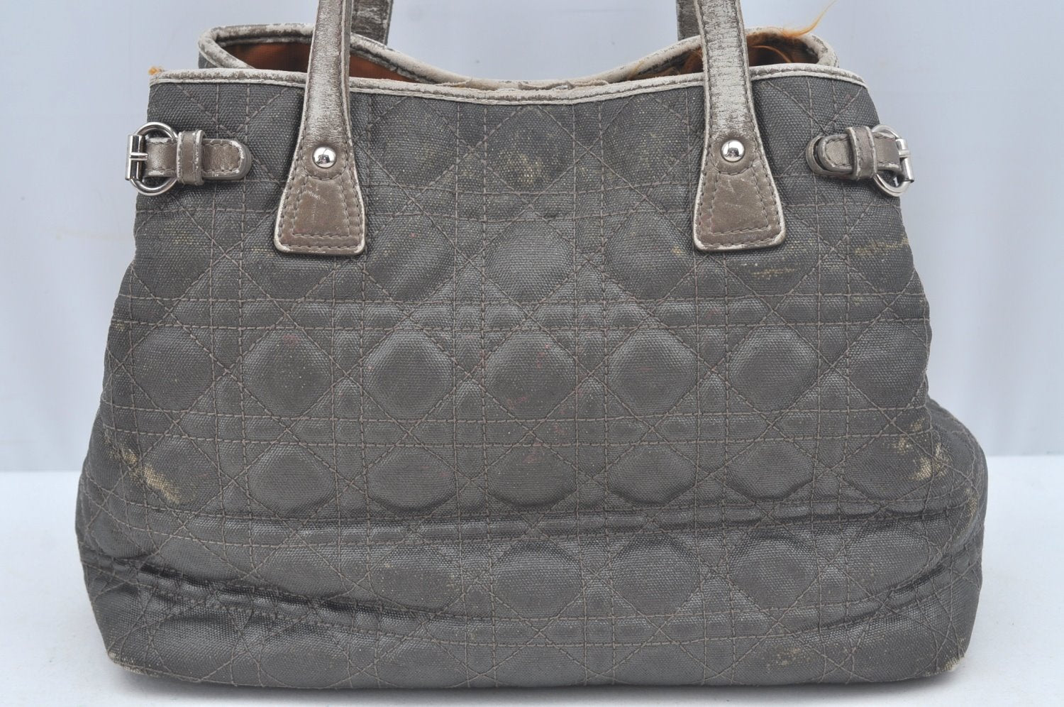 Authentic Christian Dior Cannage PVC Shoulder Tote Bag Gray Leather CD L0645