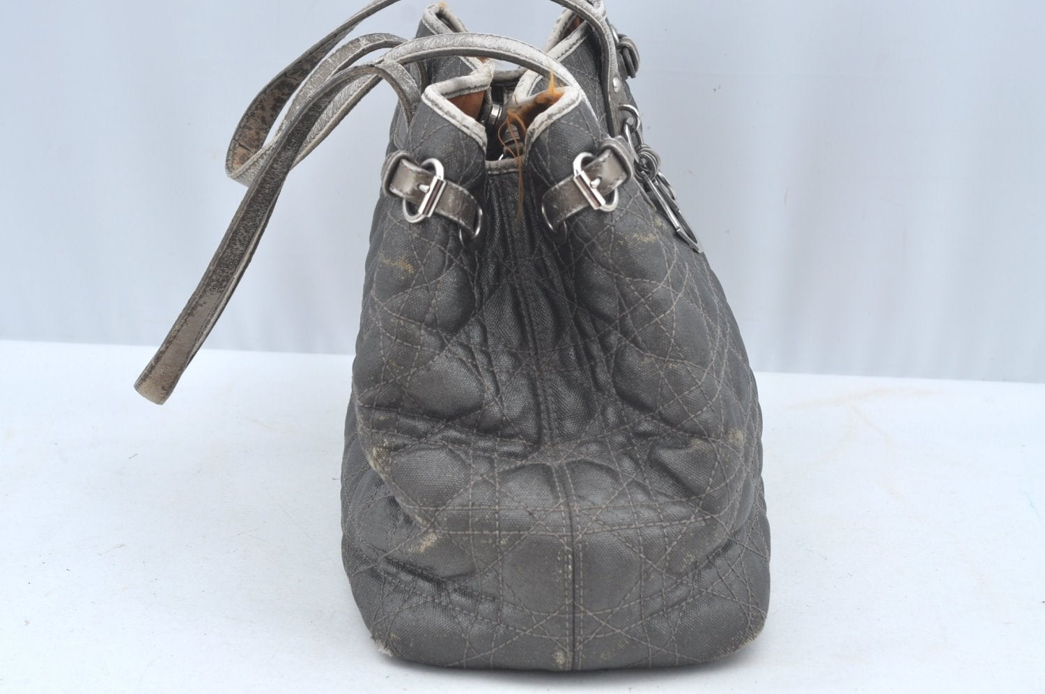 Authentic Christian Dior Cannage PVC Shoulder Tote Bag Gray Leather CD L0645