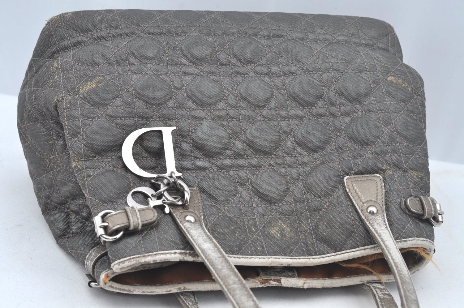 Authentic Christian Dior Cannage PVC Shoulder Tote Bag Gray Leather CD L0645