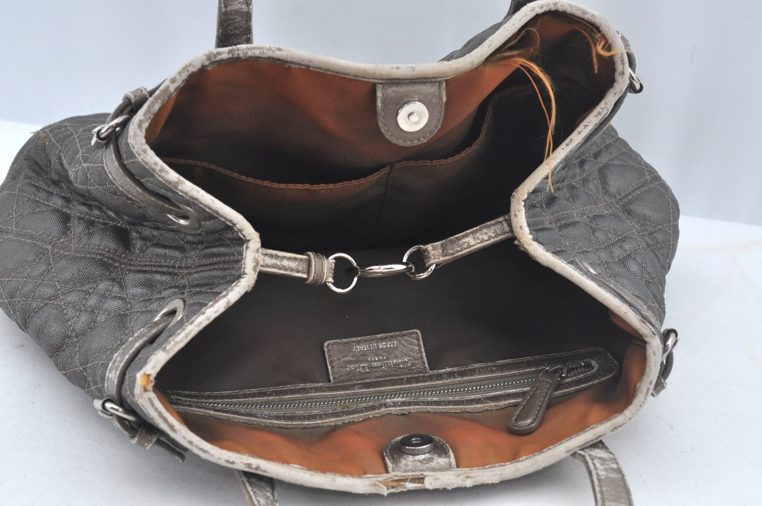 Authentic Christian Dior Cannage PVC Shoulder Tote Bag Gray Leather CD L0645