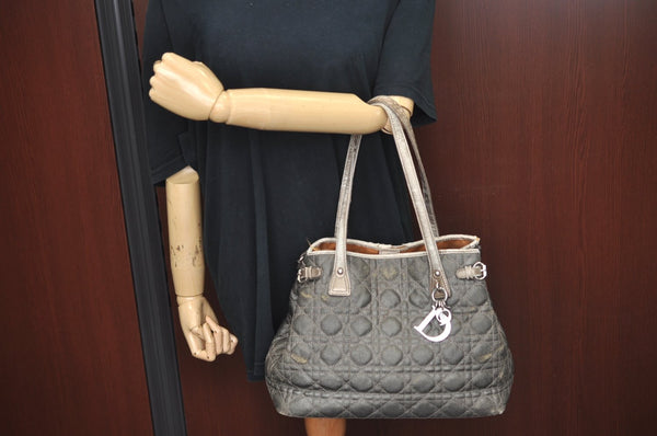 Authentic Christian Dior Cannage PVC Shoulder Tote Bag Gray Leather CD L0645