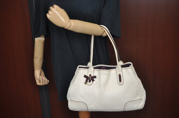 Authentic GUCCI Princy Leather Shoulder Tote Bag 163805 White L0647
