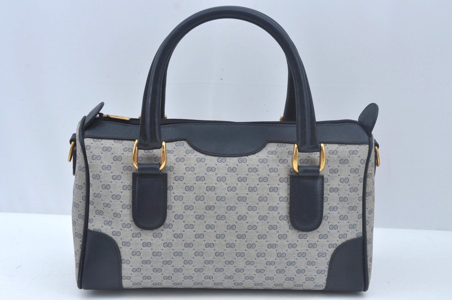 Authentic GUCCI Micro GG PVC Leather Hand Boston Bag Navy L0661