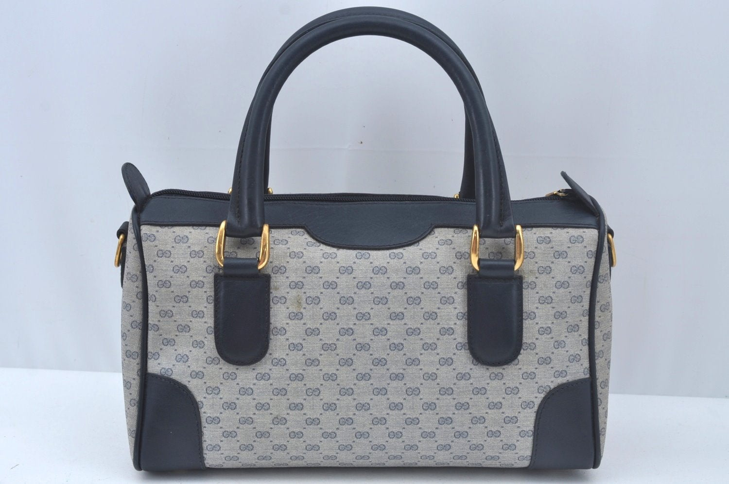 Authentic GUCCI Micro GG PVC Leather Hand Boston Bag Navy L0661