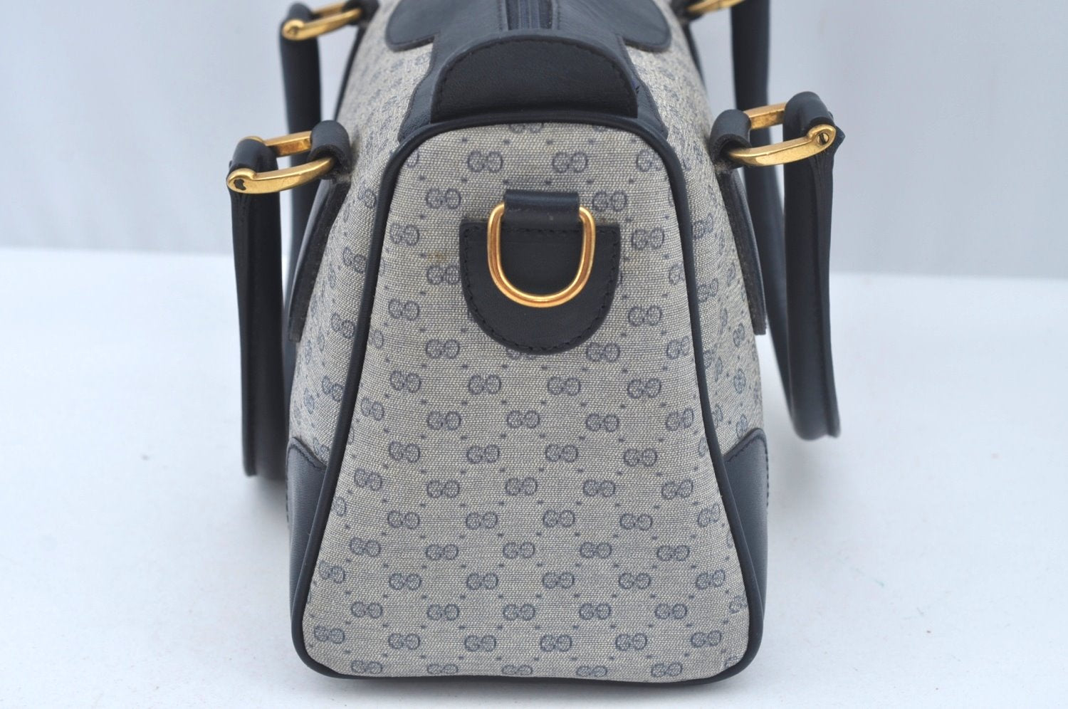 Authentic GUCCI Micro GG PVC Leather Hand Boston Bag Navy L0661