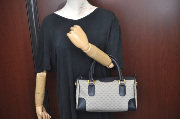 Authentic GUCCI Micro GG PVC Leather Hand Boston Bag Navy L0661
