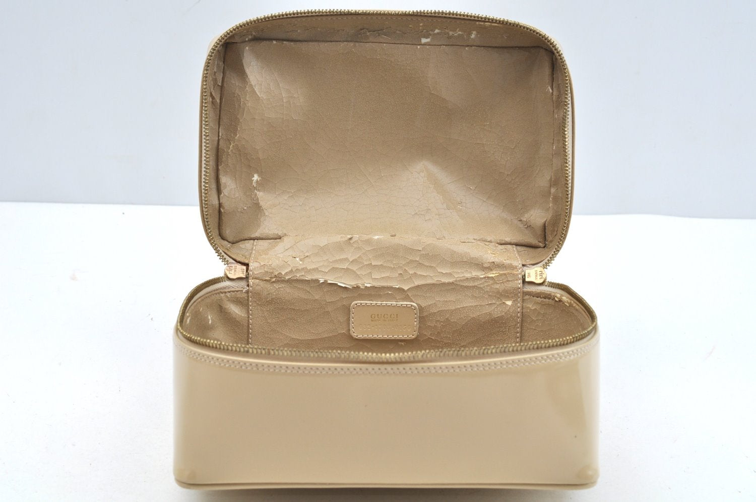 Authentic GUCCI Bamboo 2Way Shoulder Vanity Bag Enamel Beige L0747